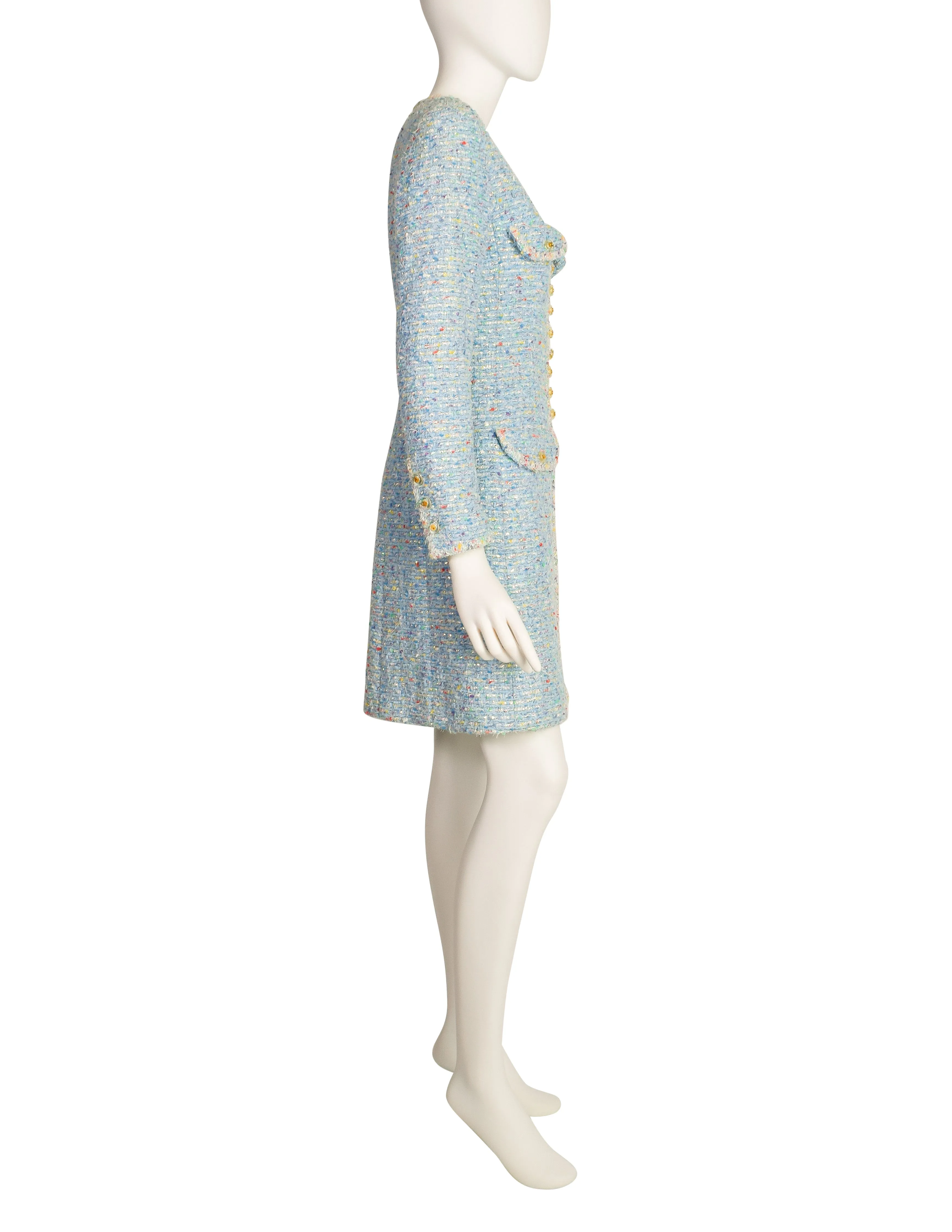 Chanel Vintage 1997 Baby Blue Pastel Camellia Print Silk Dress and Rainbow Boucle Coat Set