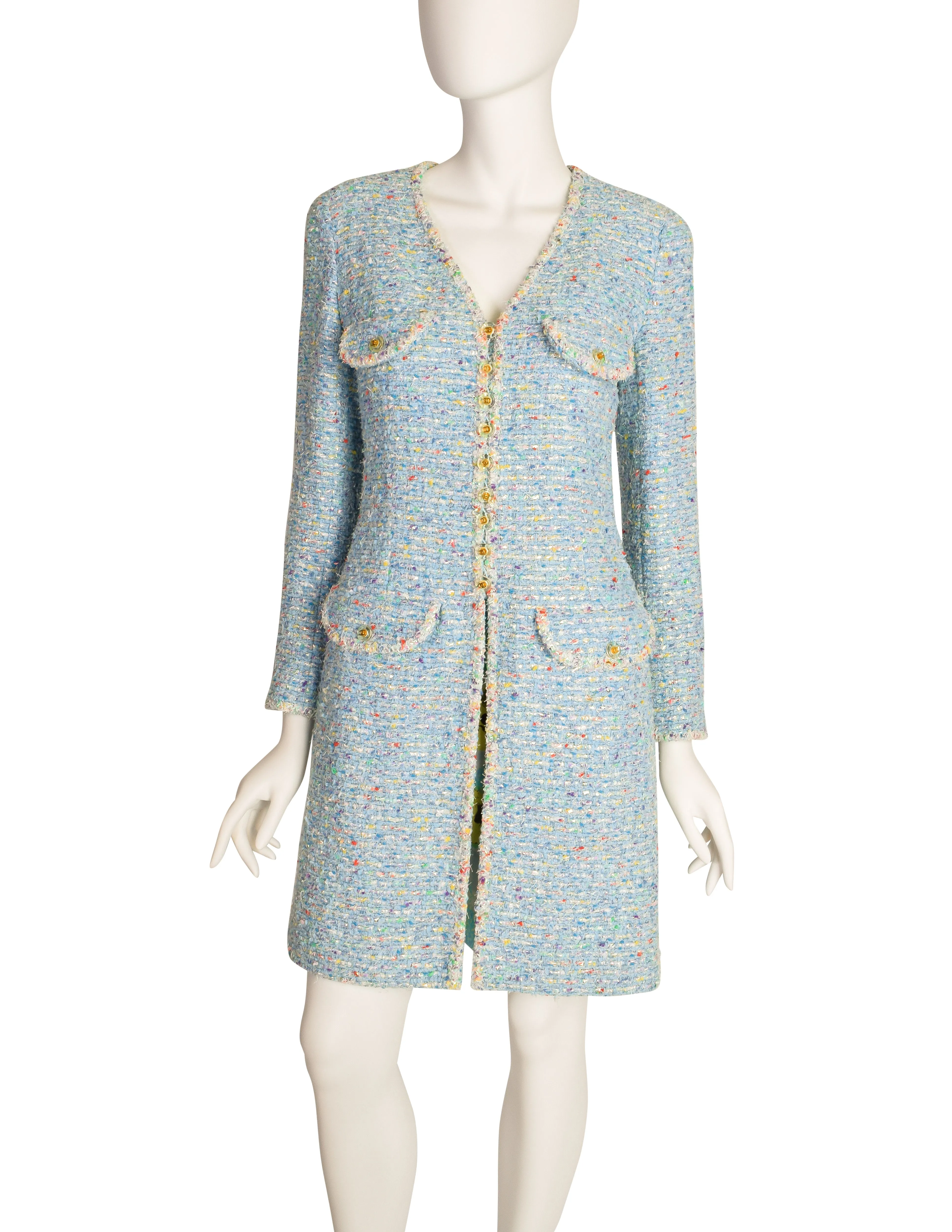 Chanel Vintage 1997 Baby Blue Pastel Camellia Print Silk Dress and Rainbow Boucle Coat Set