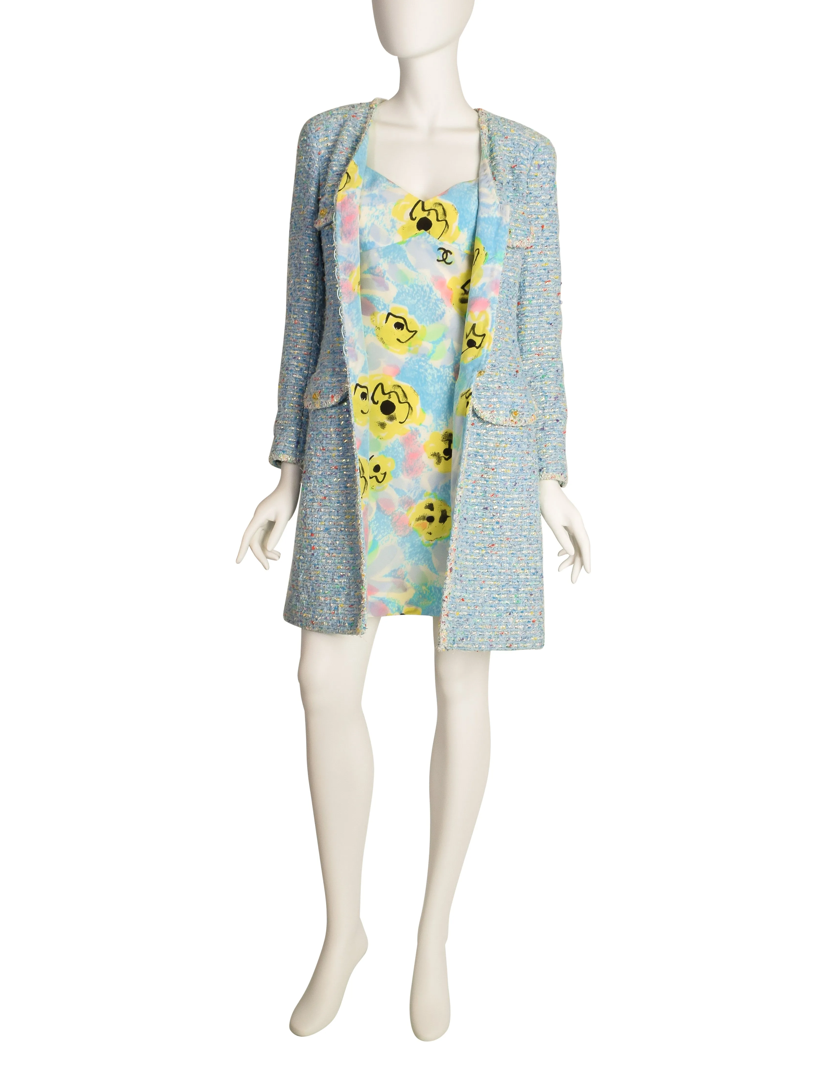 Chanel Vintage 1997 Baby Blue Pastel Camellia Print Silk Dress and Rainbow Boucle Coat Set