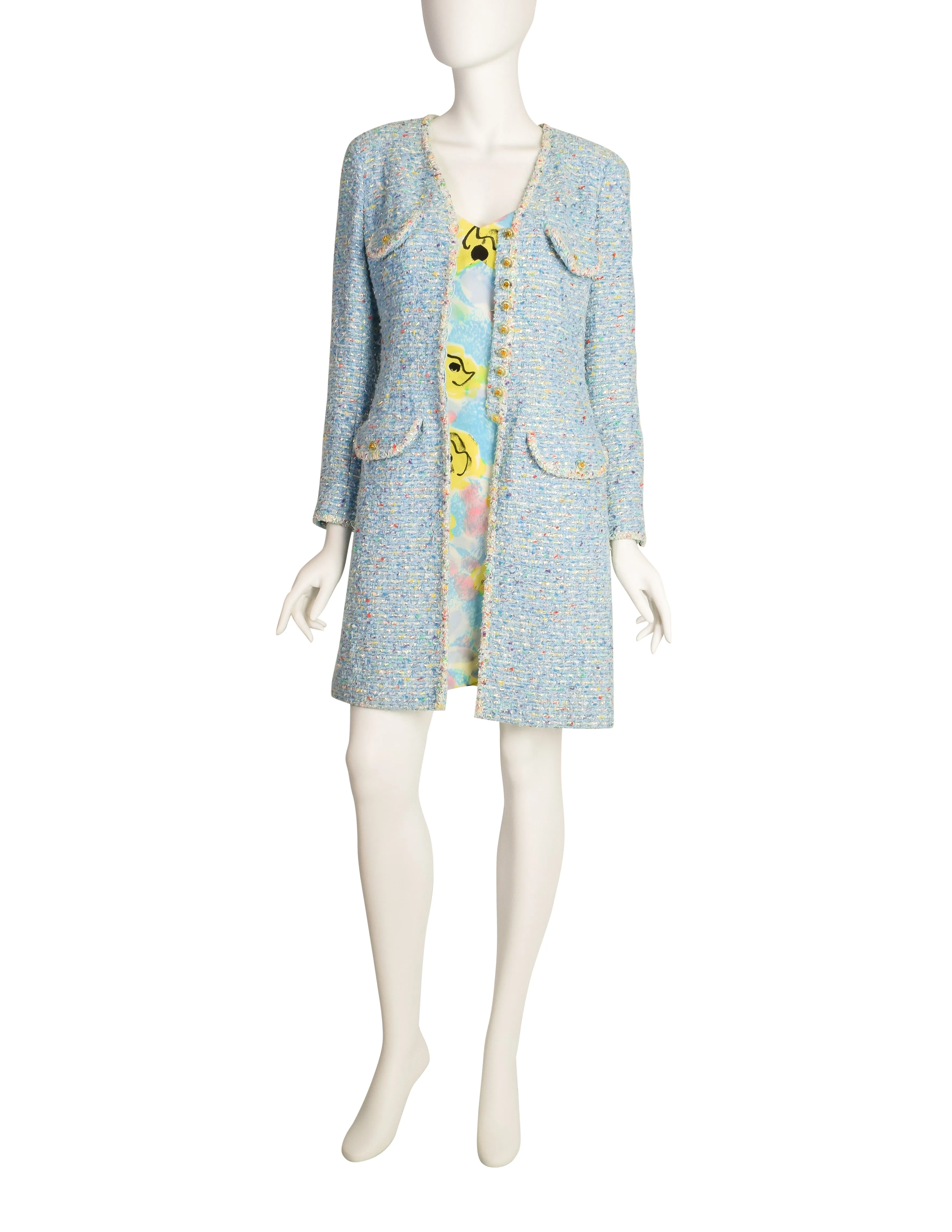 Chanel Vintage 1997 Baby Blue Pastel Camellia Print Silk Dress and Rainbow Boucle Coat Set