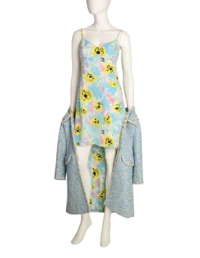 Chanel Vintage 1997 Baby Blue Pastel Camellia Print Silk Dress and Rainbow Boucle Coat Set