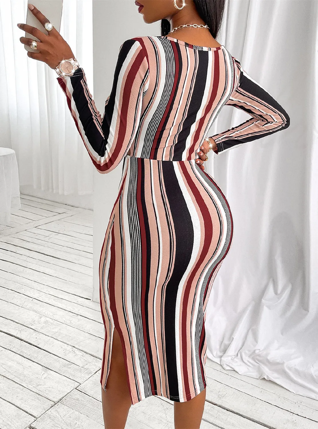 Chest-wrapped Striped Long-sleeved Dress