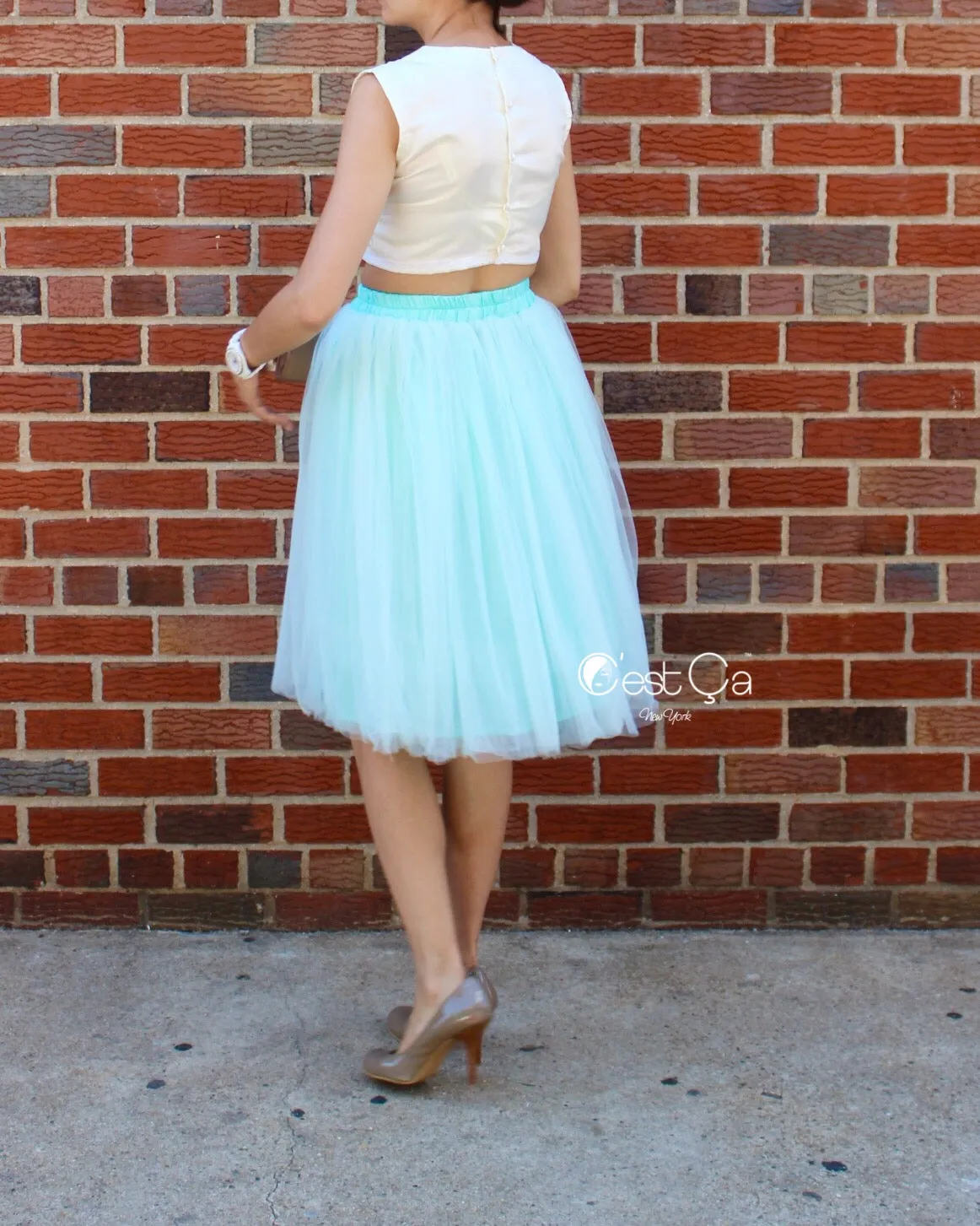 Claire Mint Green Soft Tulle Skirt - Below Knee Midi