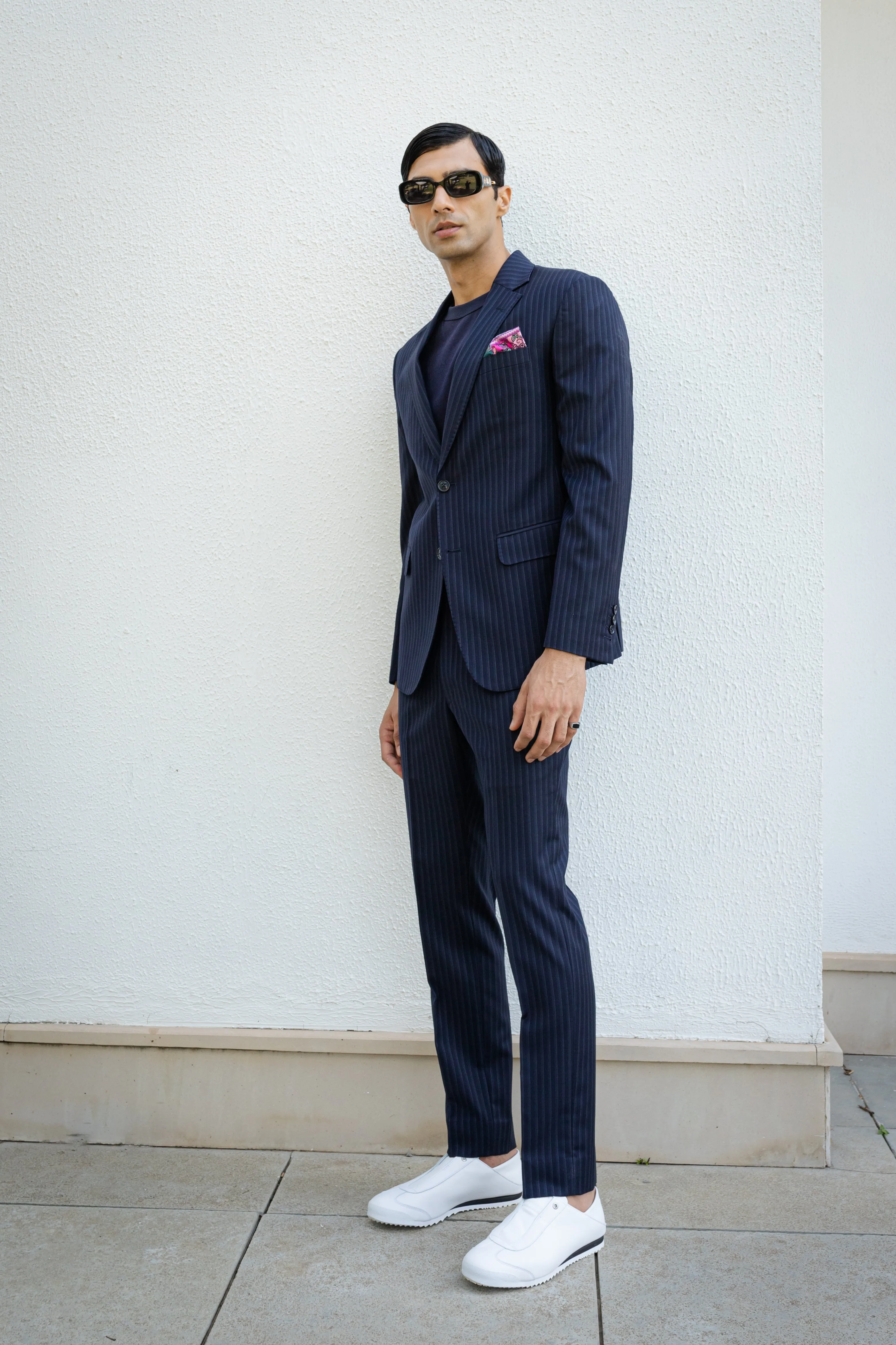 Classic Navy Blue Suit With White Bands.