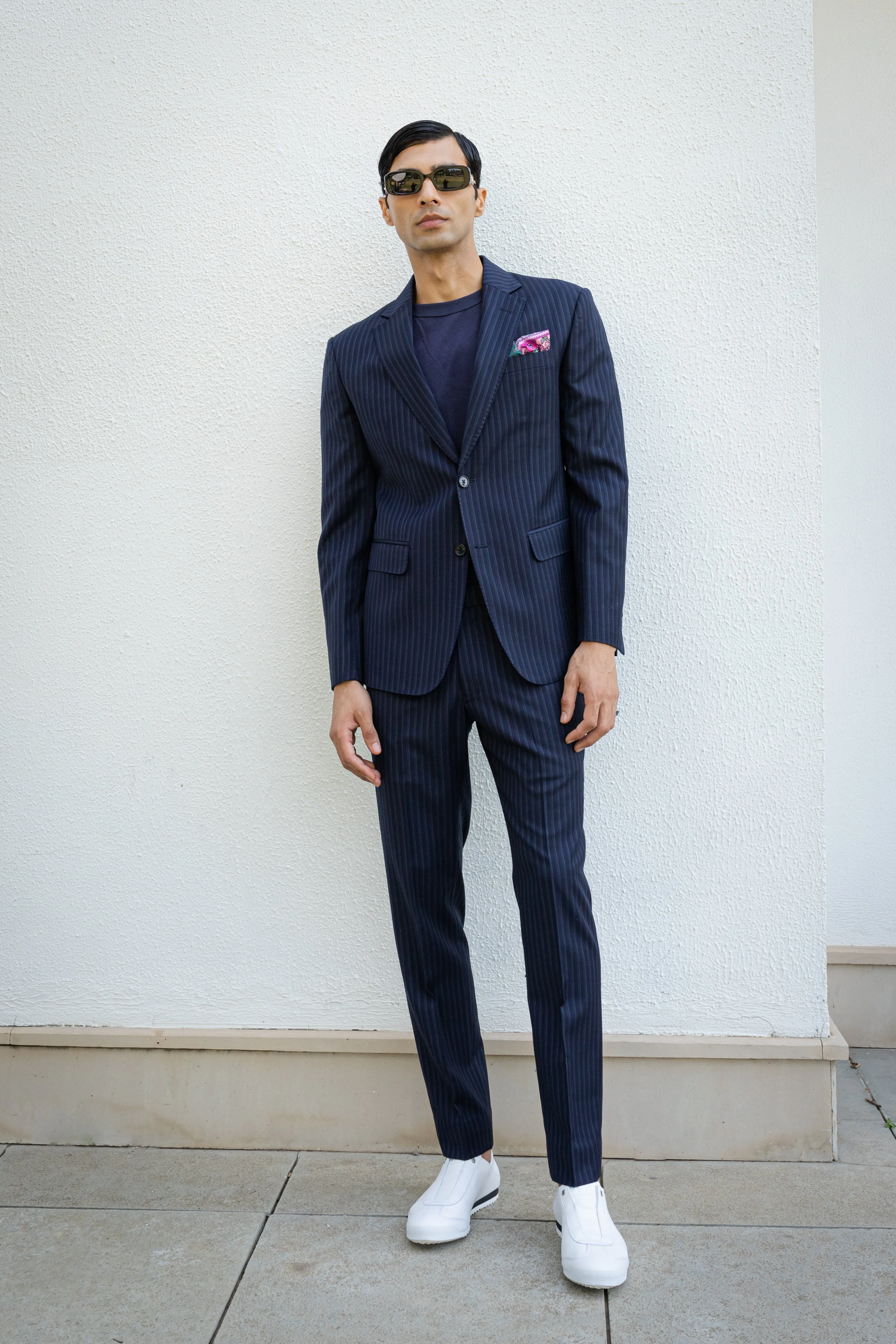 Classic Navy Blue Suit With White Bands.