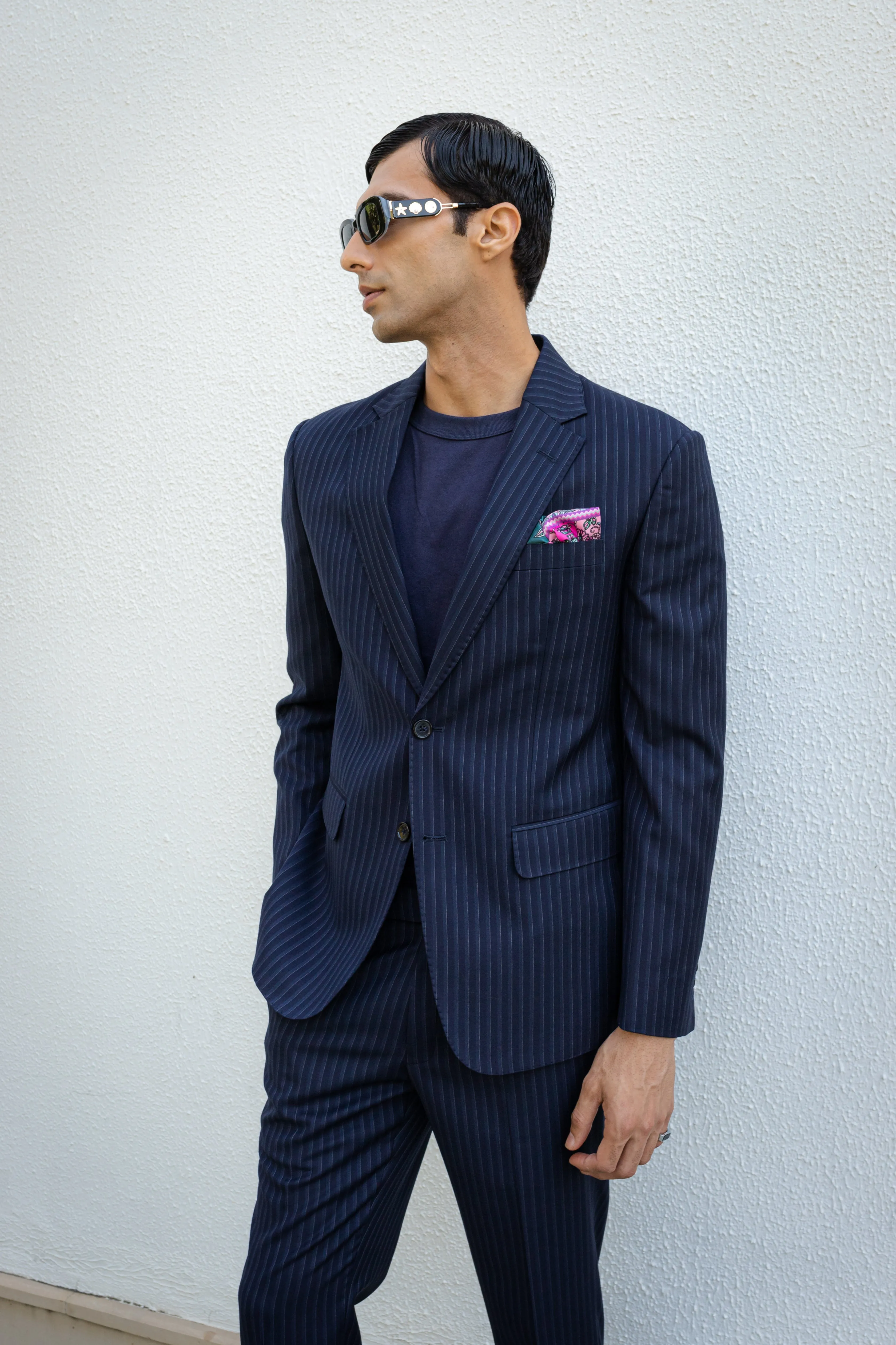 Classic Navy Blue Suit With White Bands.