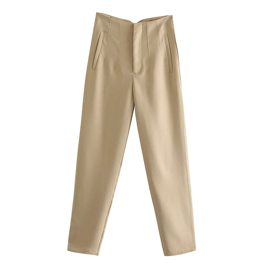 Classic Solid Color Pintuck High Waist Ankle Length Slim Leg Tapered Pants