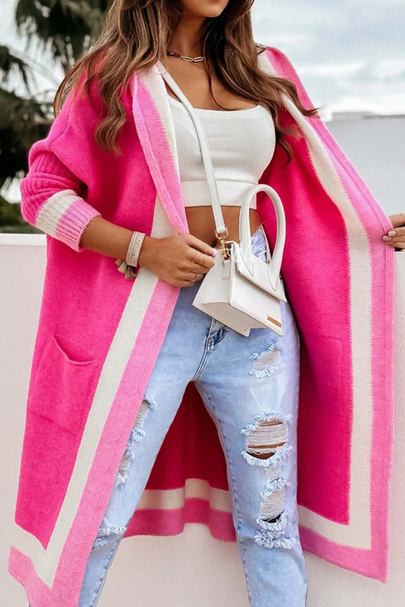 Contrast Hoodie Open Front Long Cardigan