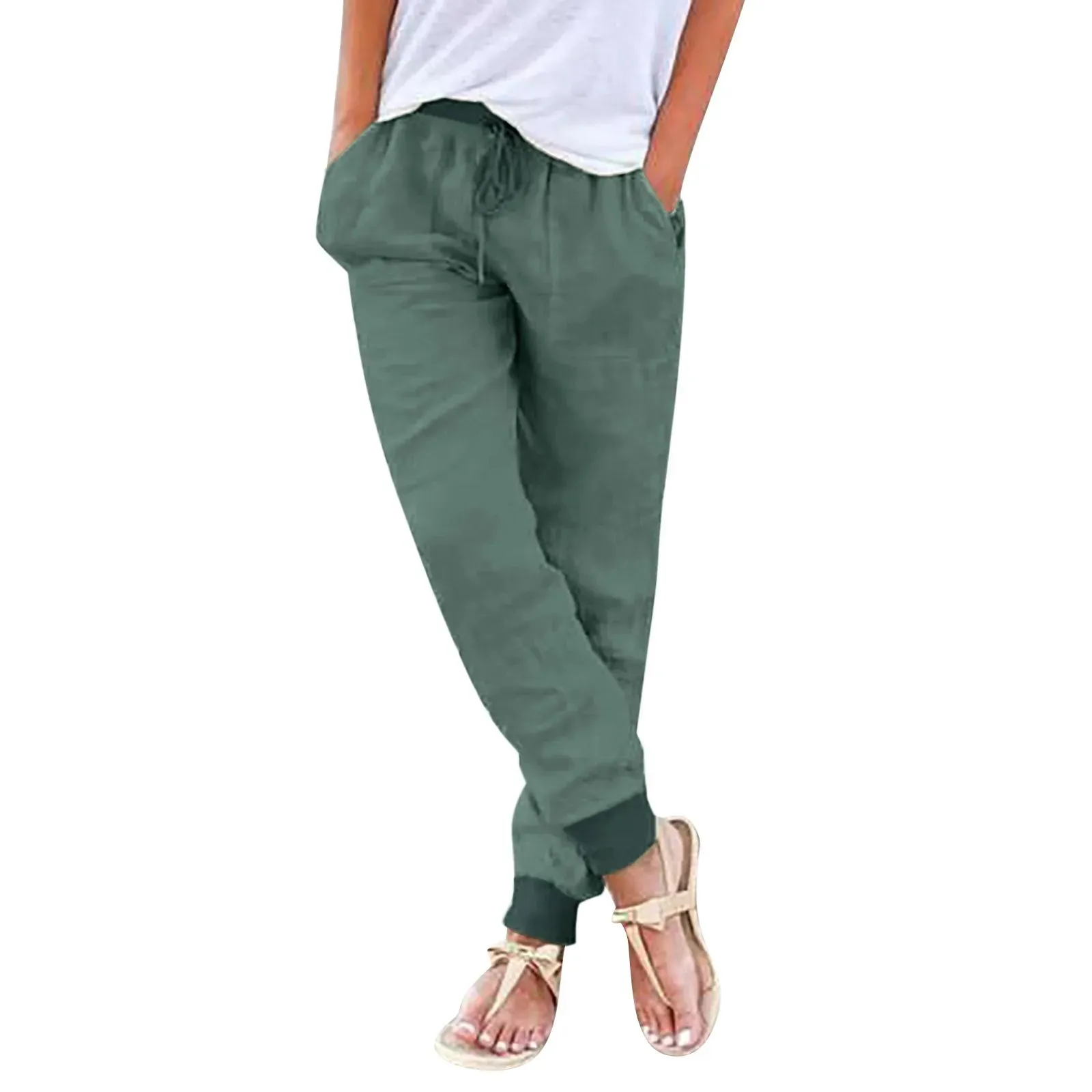 Cotton Linen Drawstring Back Elastic Waist Casual Trousers Two Piece Outfits Casual Women Pants