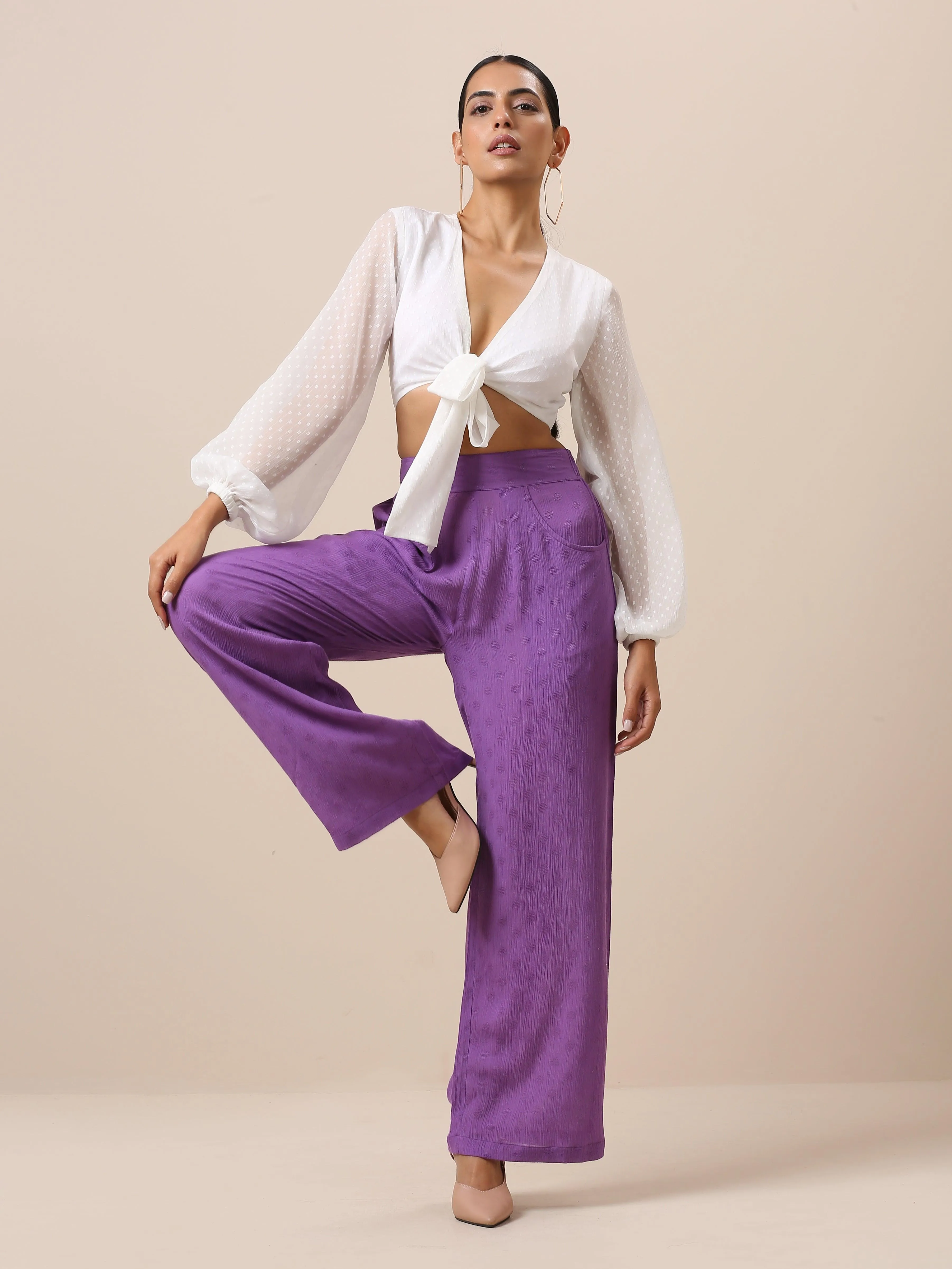 Cotton Purple Weave High Waist Pant