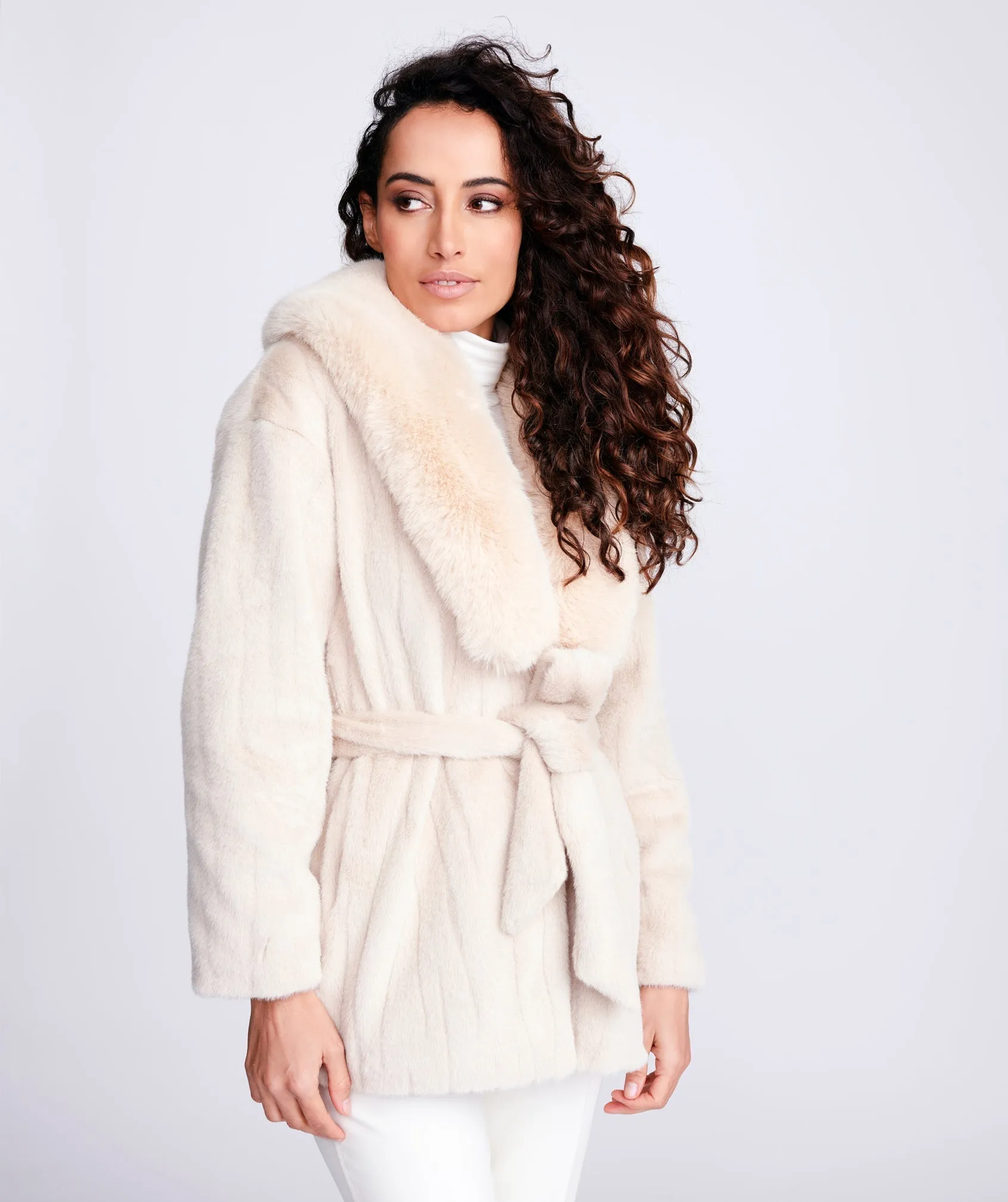 Cream Linear Weave Pattern Faux Fur Coat with Matching Belt