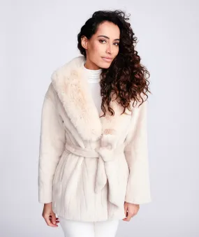 Cream Linear Weave Pattern Faux Fur Coat with Matching Belt