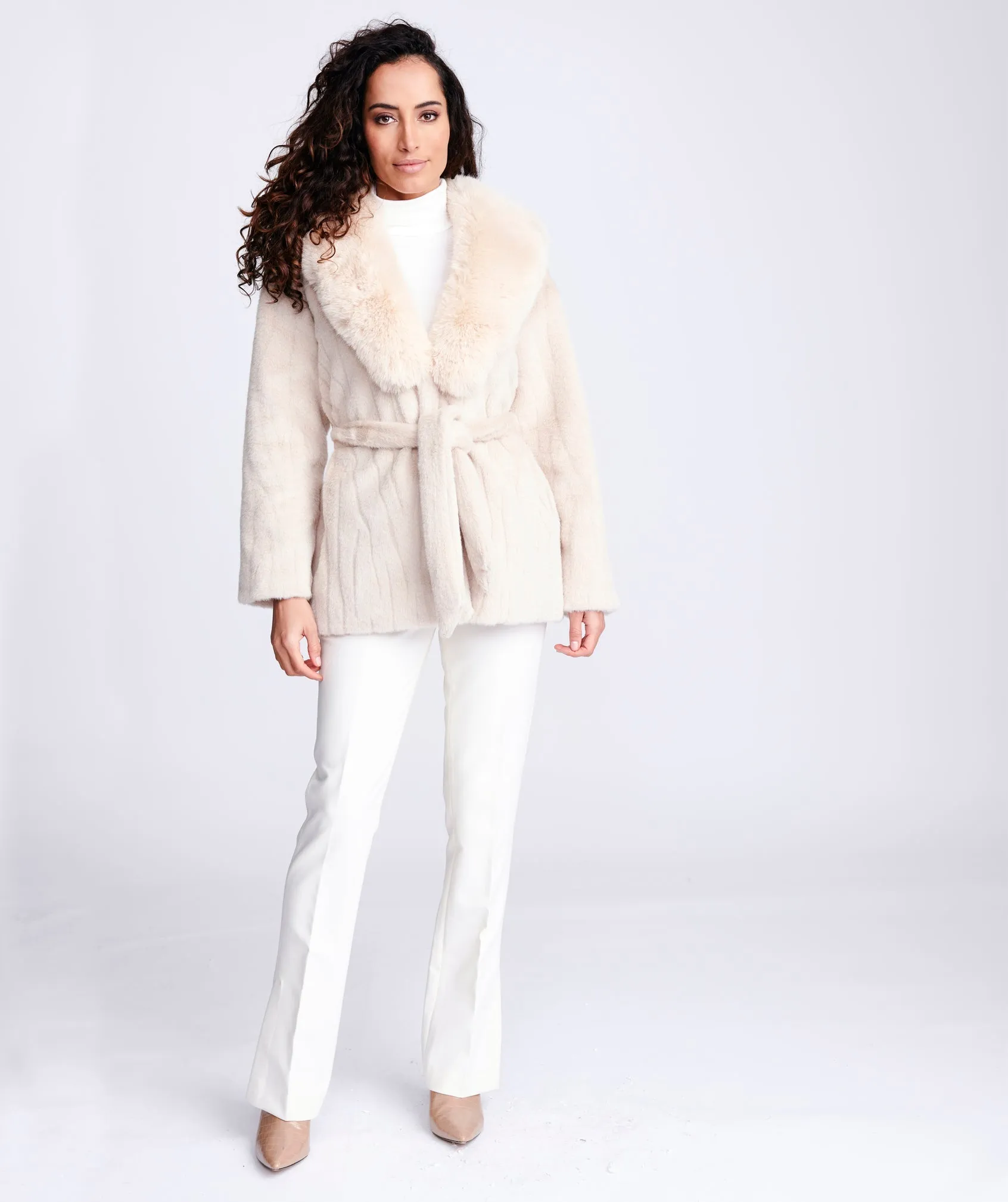 Cream Linear Weave Pattern Faux Fur Coat with Matching Belt