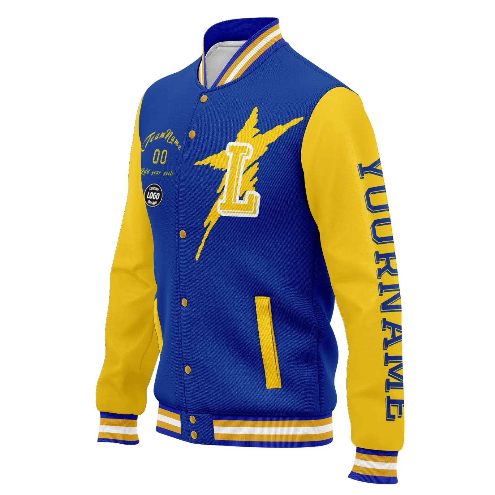 Custom Blue Yellow Los Angeles Jacket Bomber Full-Snap Varsity Letterman Personalized Jacket FZ005SX-D020290-15