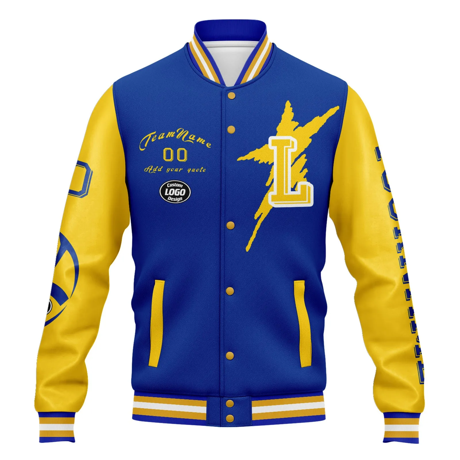 Custom Blue Yellow Los Angeles Jacket Bomber Full-Snap Varsity Letterman Personalized Jacket FZ005SX-D020290-15