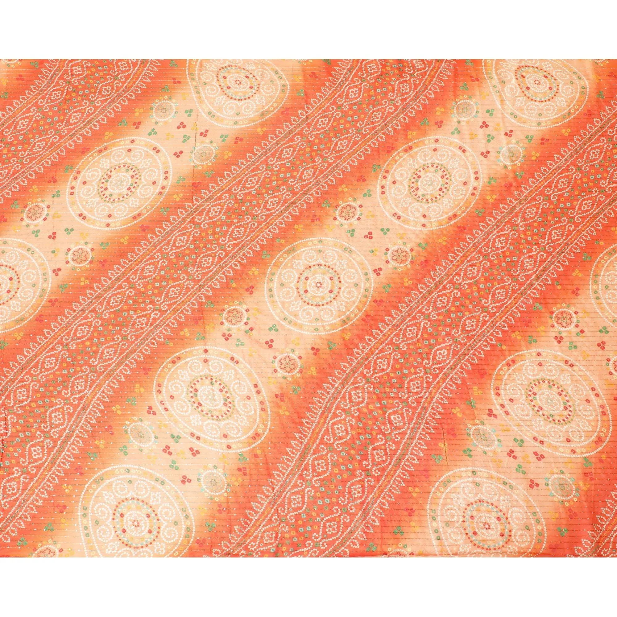 Dark Orange synthetic chiffon fabric with same tone embroidery stripe having multicolor print and sequins in geometric design-D9756