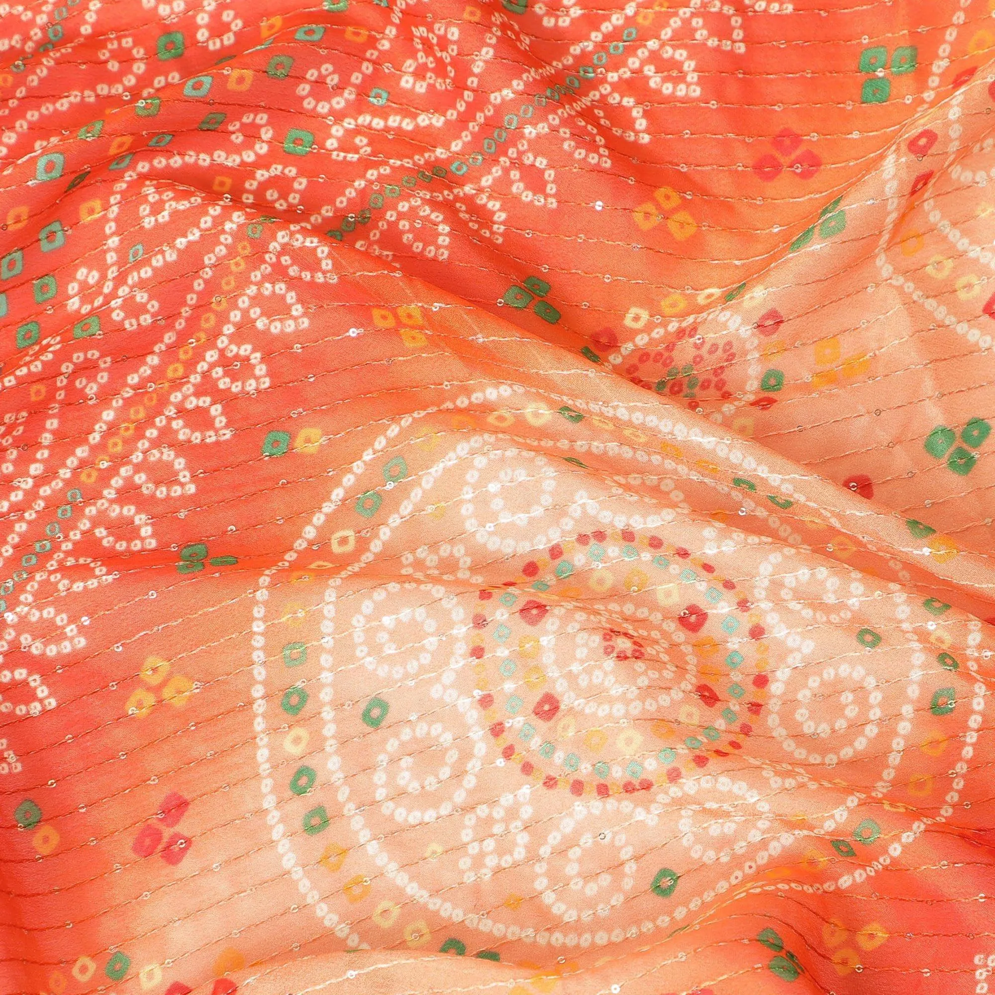 Dark Orange synthetic chiffon fabric with same tone embroidery stripe having multicolor print and sequins in geometric design-D9756