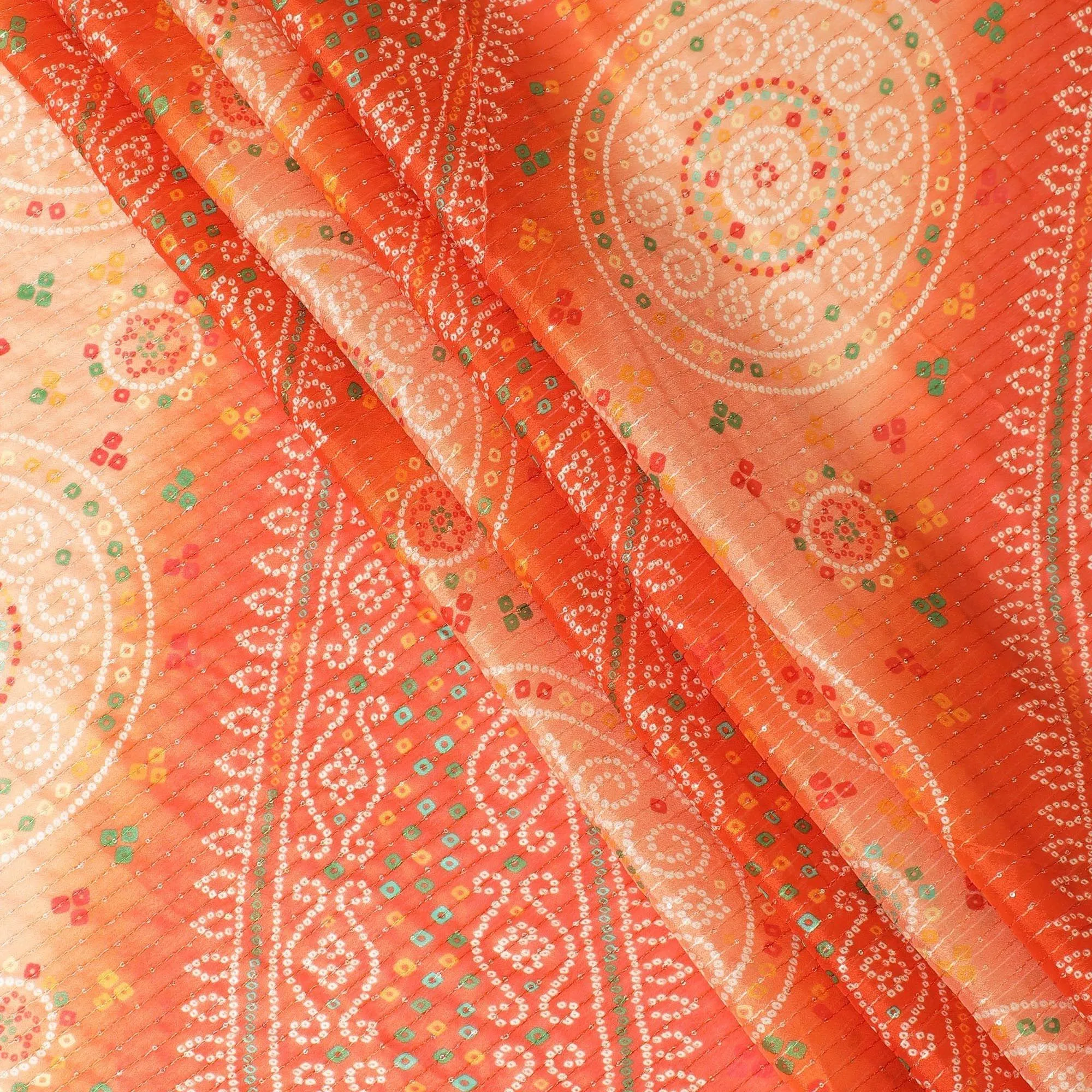 Dark Orange synthetic chiffon fabric with same tone embroidery stripe having multicolor print and sequins in geometric design-D9756