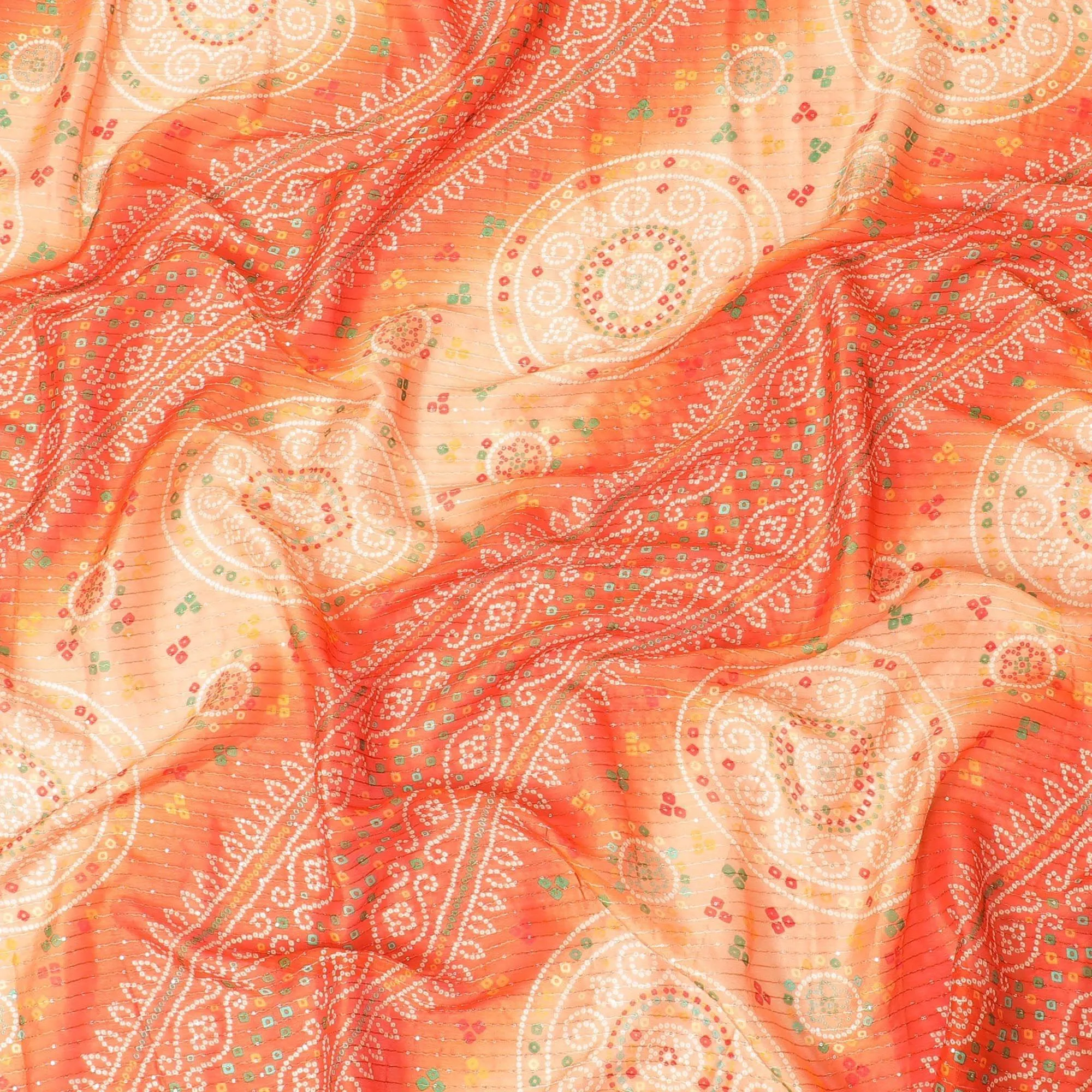 Dark Orange synthetic chiffon fabric with same tone embroidery stripe having multicolor print and sequins in geometric design-D9756