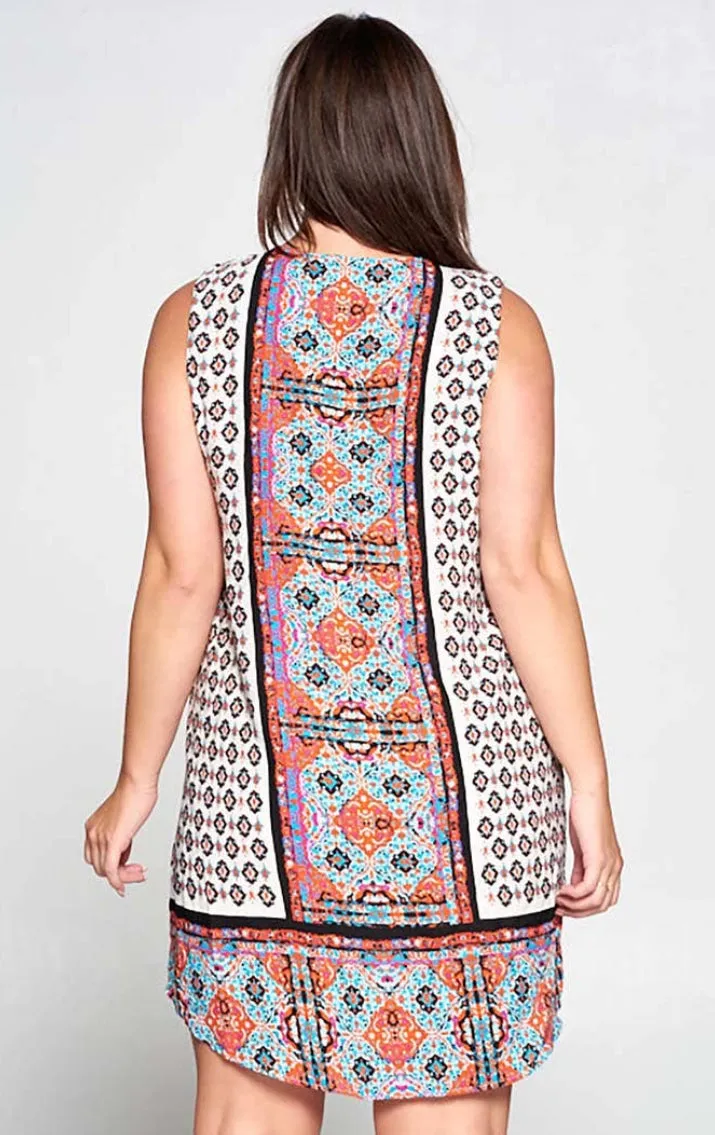 Davi & Dani Sleeveless Scarf Print Tunic Dress-PLUS SIZE