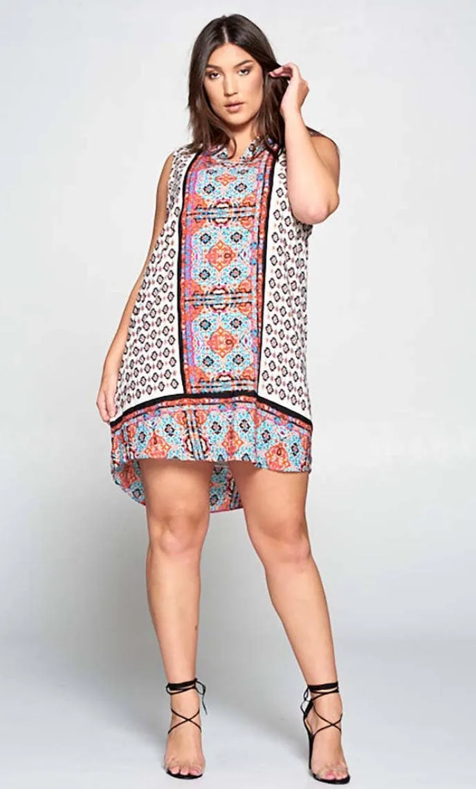 Davi & Dani Sleeveless Scarf Print Tunic Dress-PLUS SIZE