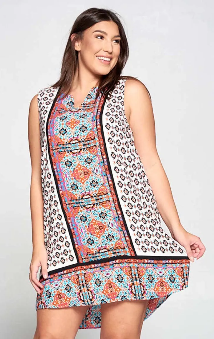 Davi & Dani Sleeveless Scarf Print Tunic Dress-PLUS SIZE