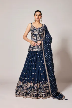 Deep Blue Embellished Swiss Georgette Silk Lehenga Set