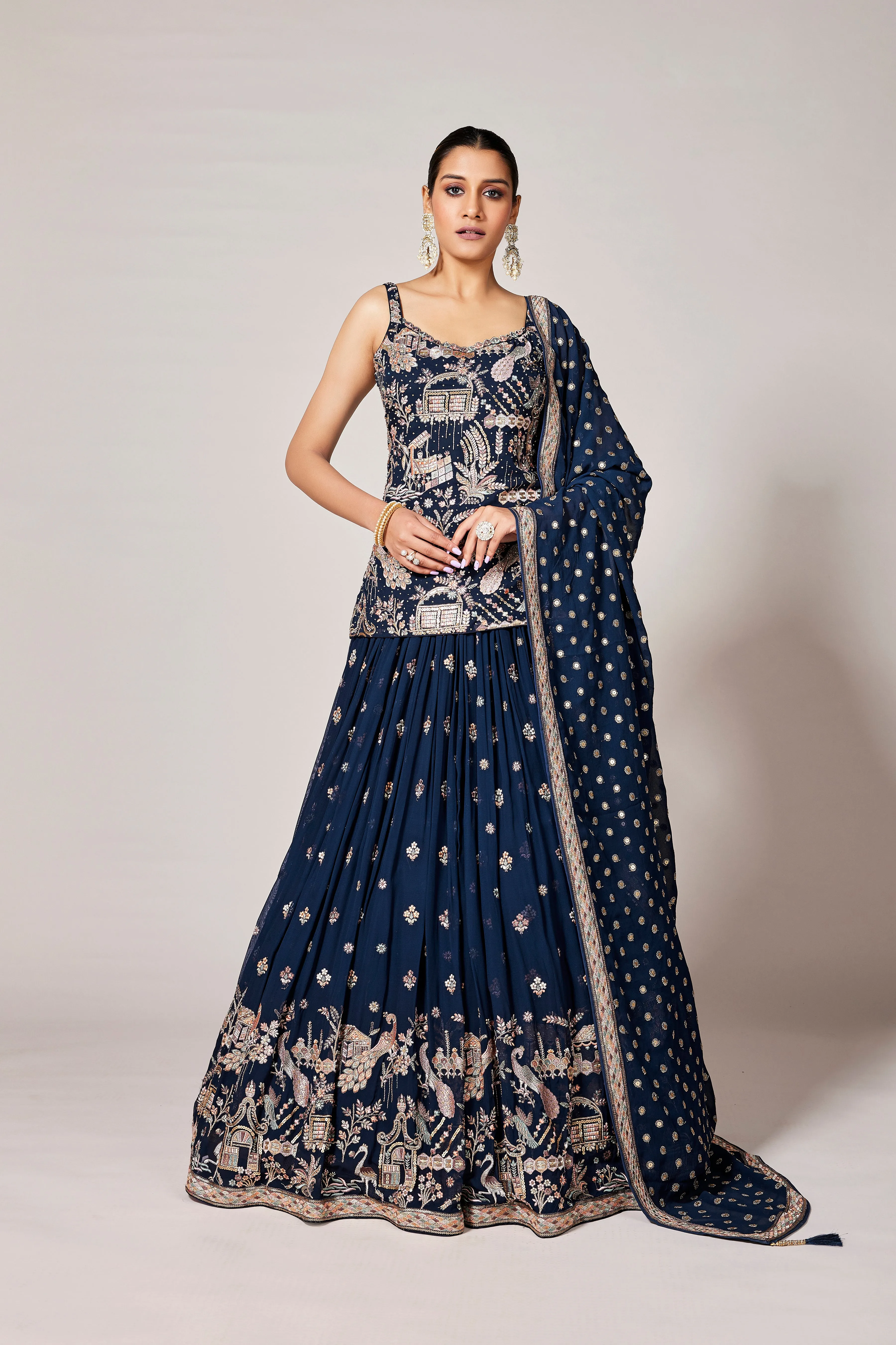 Deep Blue Embellished Swiss Georgette Silk Lehenga Set