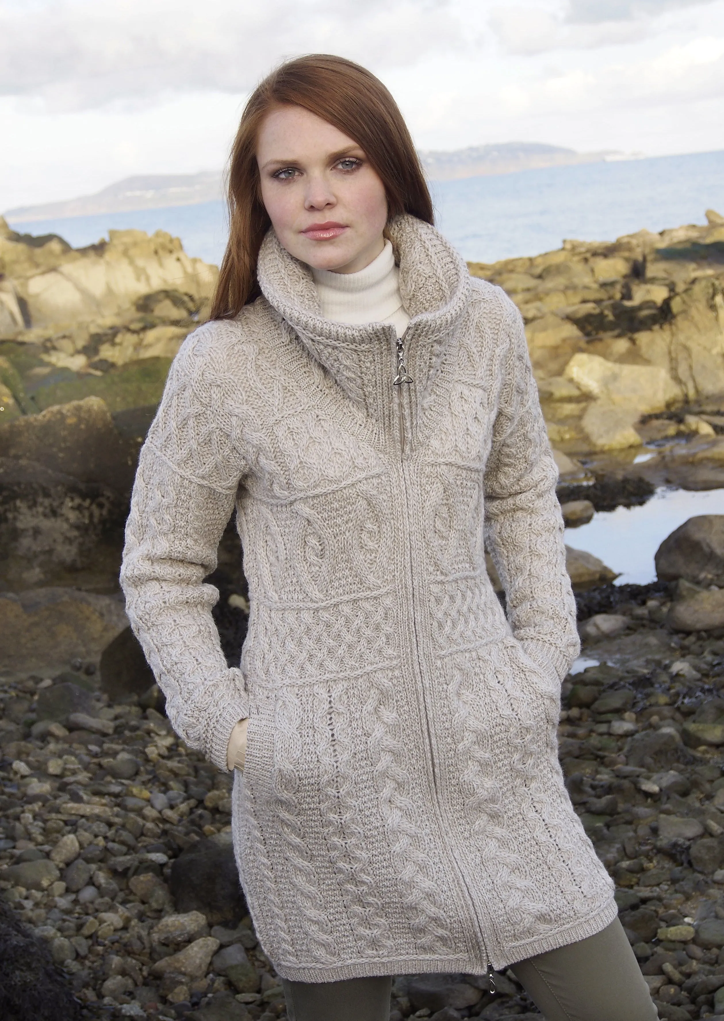 Double Collar Aran Sweater Coat | Oatmeal