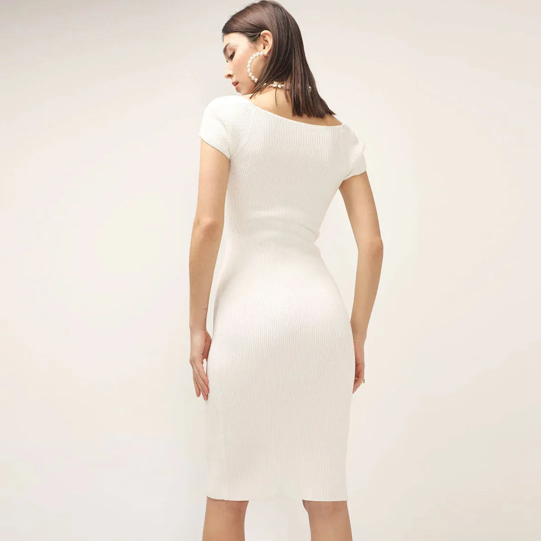 Elegant Sweetheart Neck Cap Sleeve Ribbed Knit Bodycon Midi Dress - White