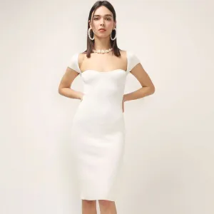 Elegant Sweetheart Neck Cap Sleeve Ribbed Knit Bodycon Midi Dress - White