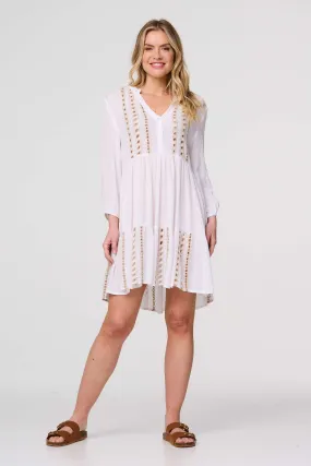 Embroidered V-Neck Tiered Smock Dress