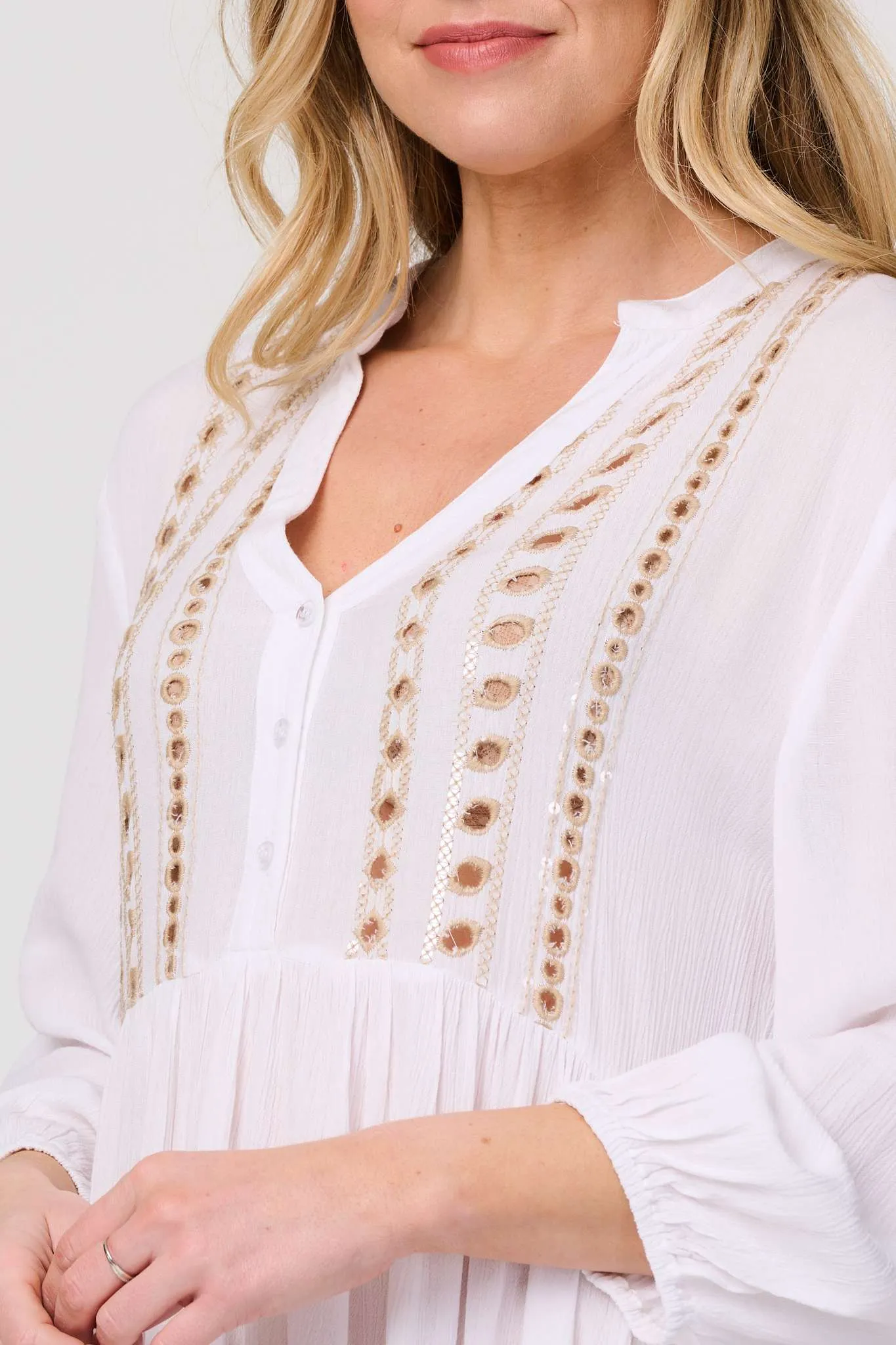 Embroidered V-Neck Tiered Smock Dress