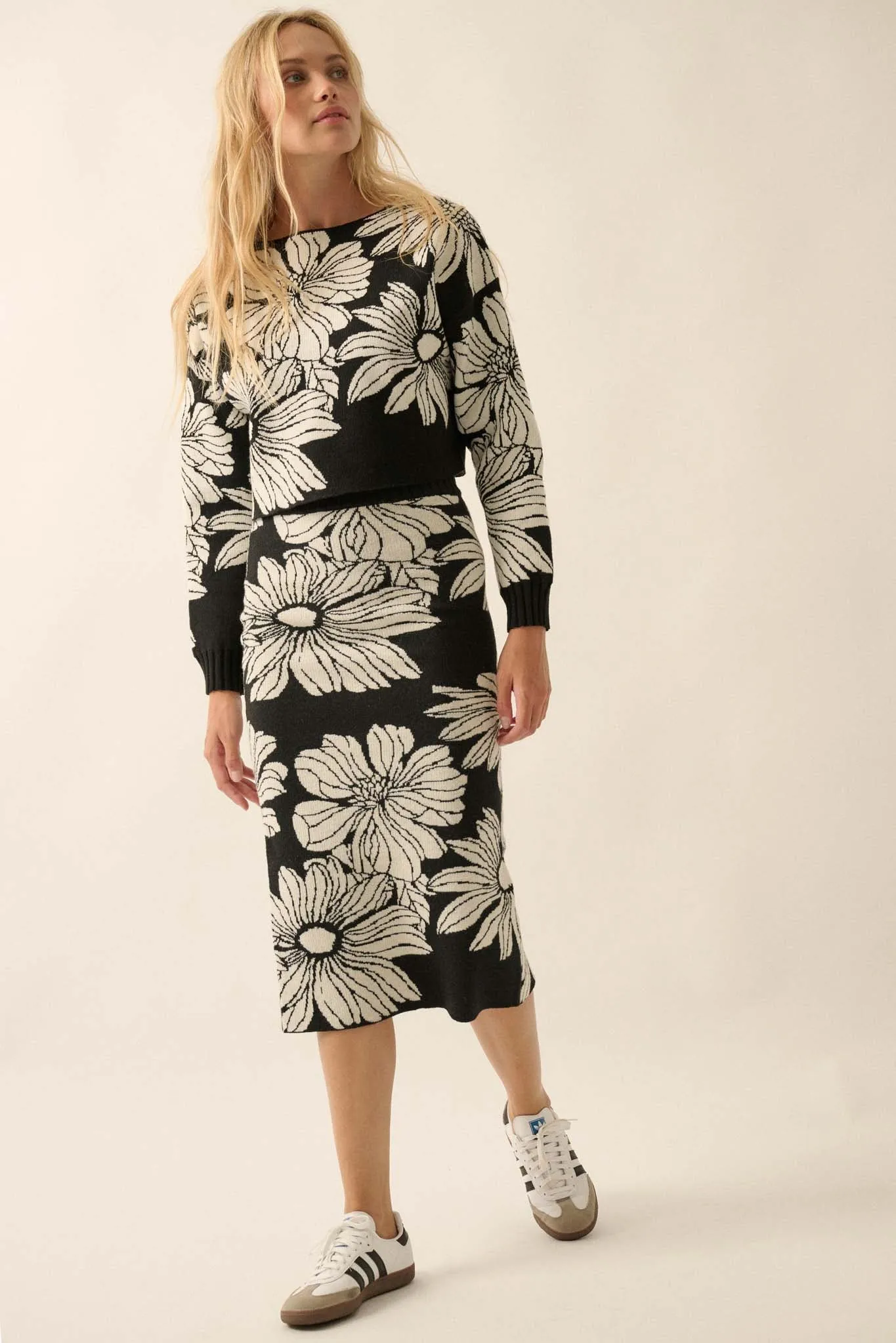 Fallen Flowers Floral Knit Midi Sweater Skirt