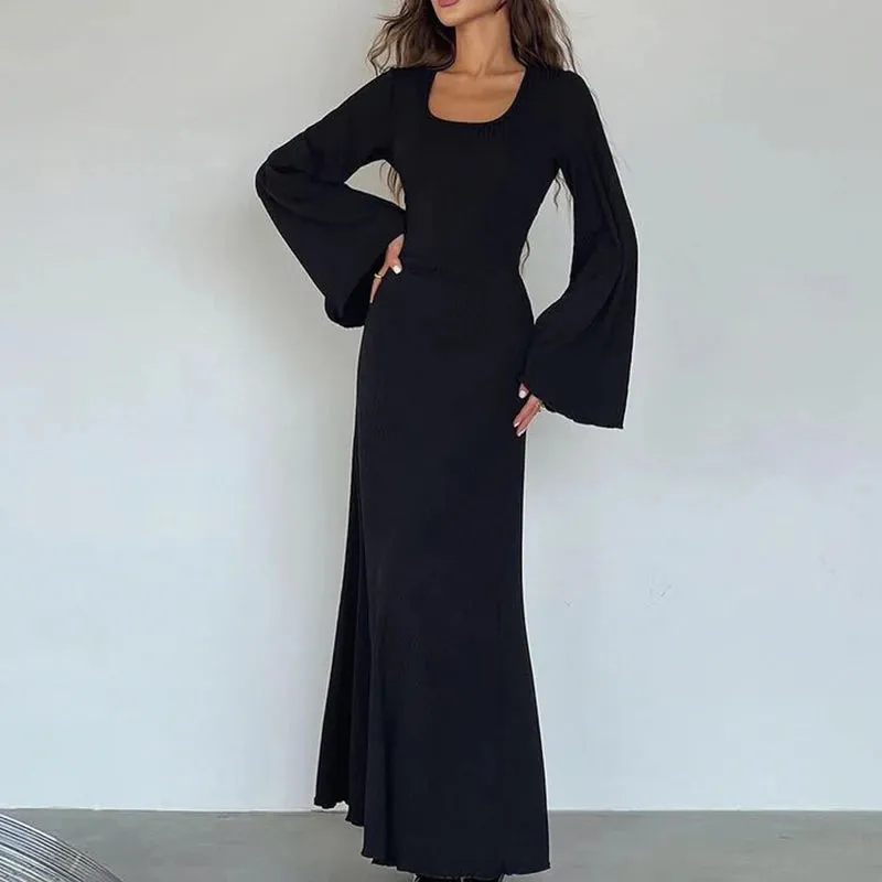 Fashion Elegant Knit Maxi Dress Frill Knit Solid Flare Sleeve Autumn Dress Ladies Basic Lace Up A-Line Long Outfits