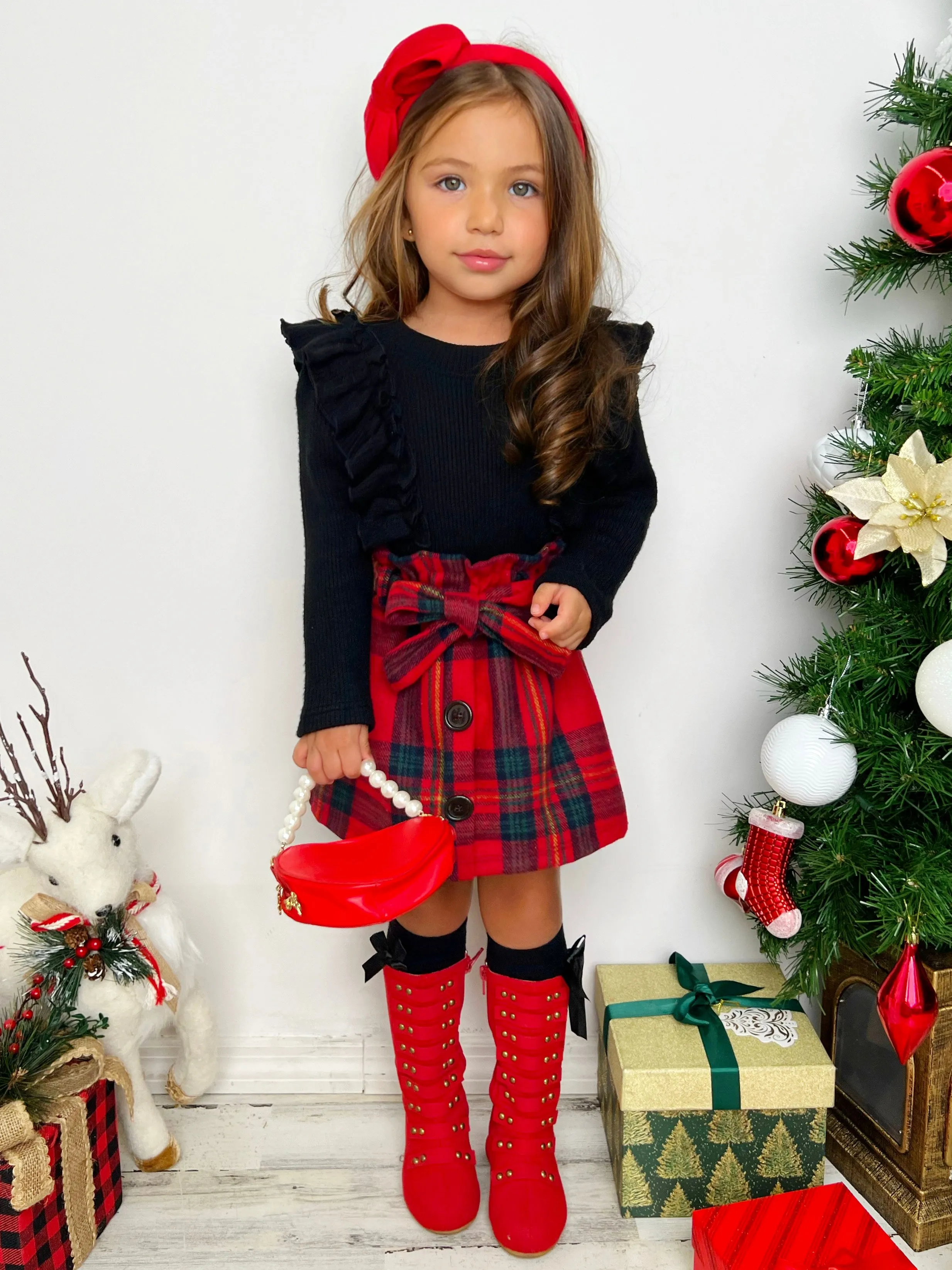 Feels Like Fall Ruffled Top and Plaid Skirt Set