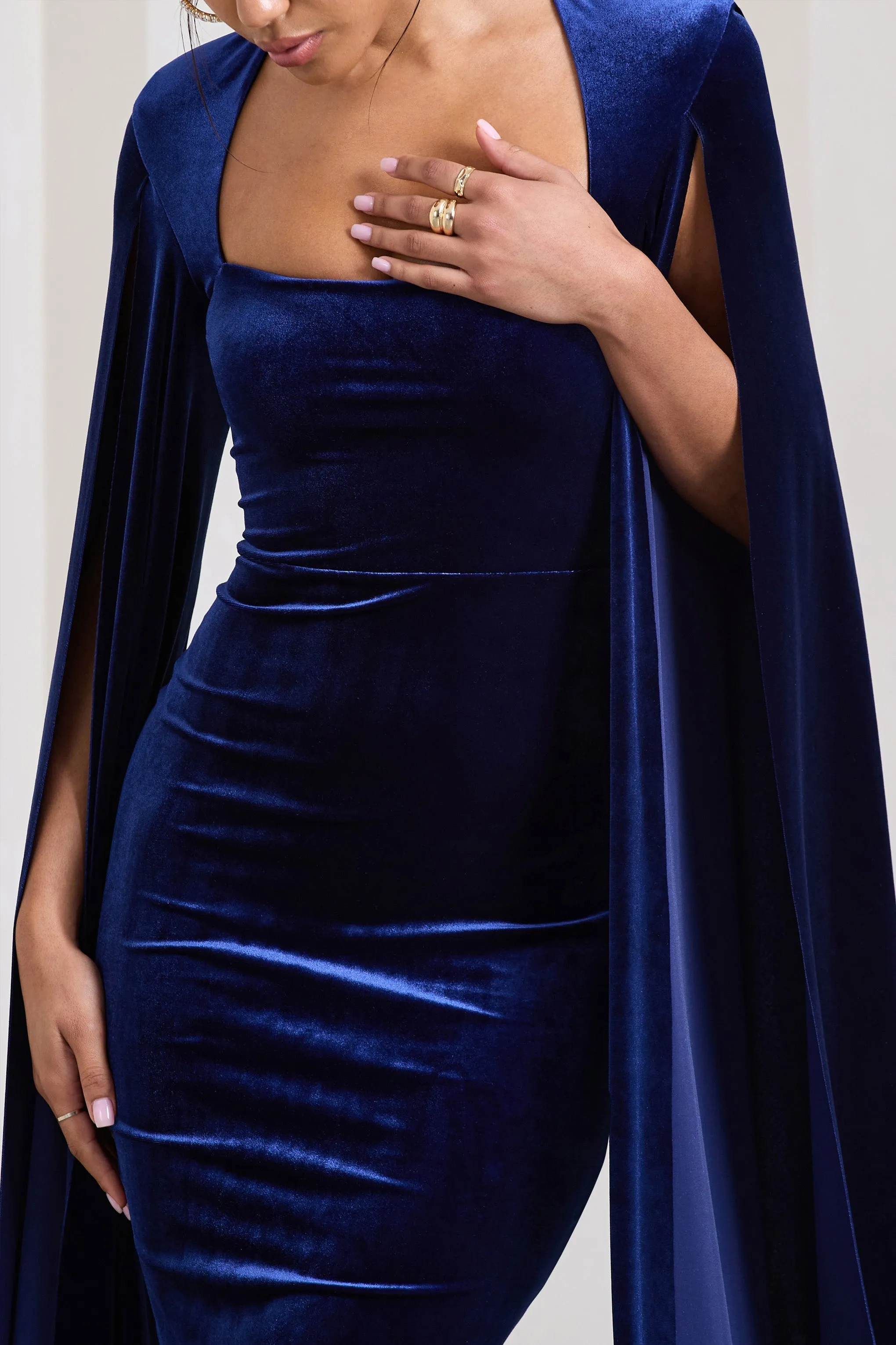 Flawless | Navy Velvet Square Neck Midi Dress With Cape Sleeves