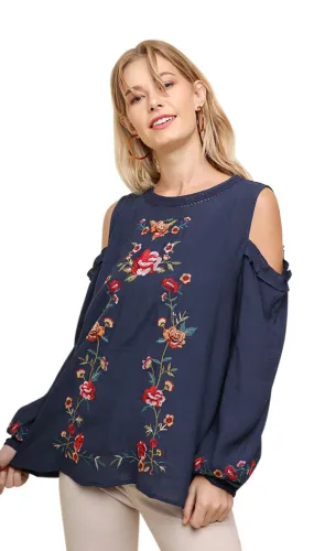 Floral Embroidered Crochet Trim Top, Navy