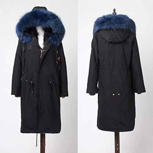 Fur Story Women's Real Fur Parka Jacket with Raccoon Fur Thick Hooded Long Fur Coat for Winter Dark Blue US6 18104