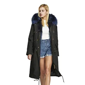 Fur Story Women's Real Fur Parka Jacket with Raccoon Fur Thick Hooded Long Fur Coat for Winter Dark Blue US6 18104