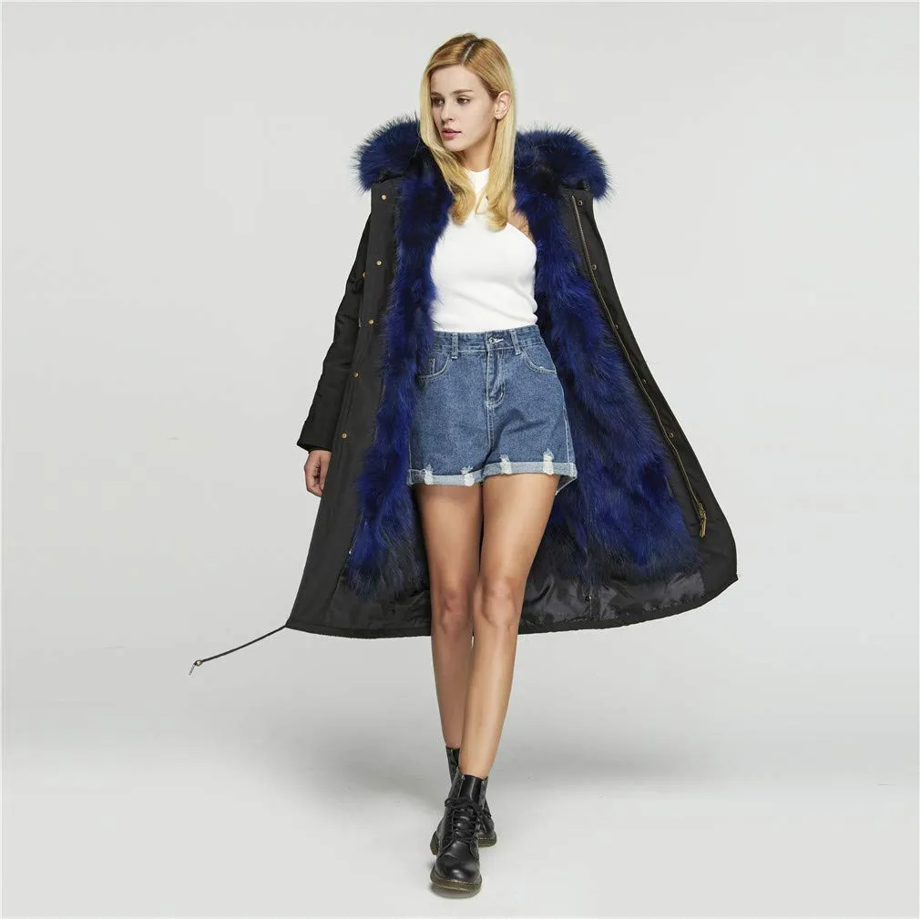 fur story Women's Real Fur Parka Jacket with Raccoon Fur Thick Hooded