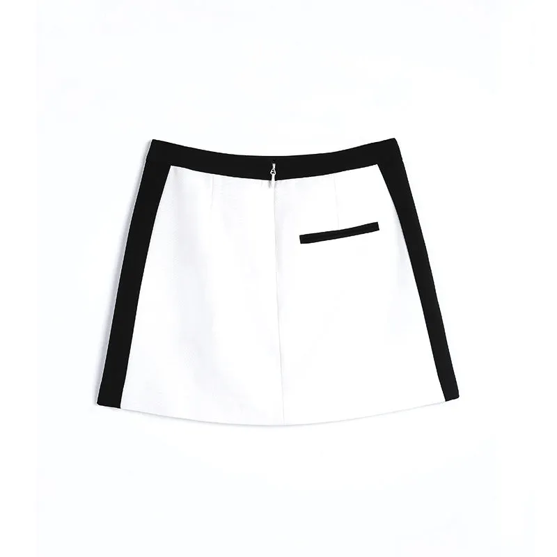 G470 Women color-block suiting fabric mid waist flapped pocket mini skirt