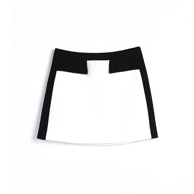 G470 Women color-block suiting fabric mid waist flapped pocket mini skirt