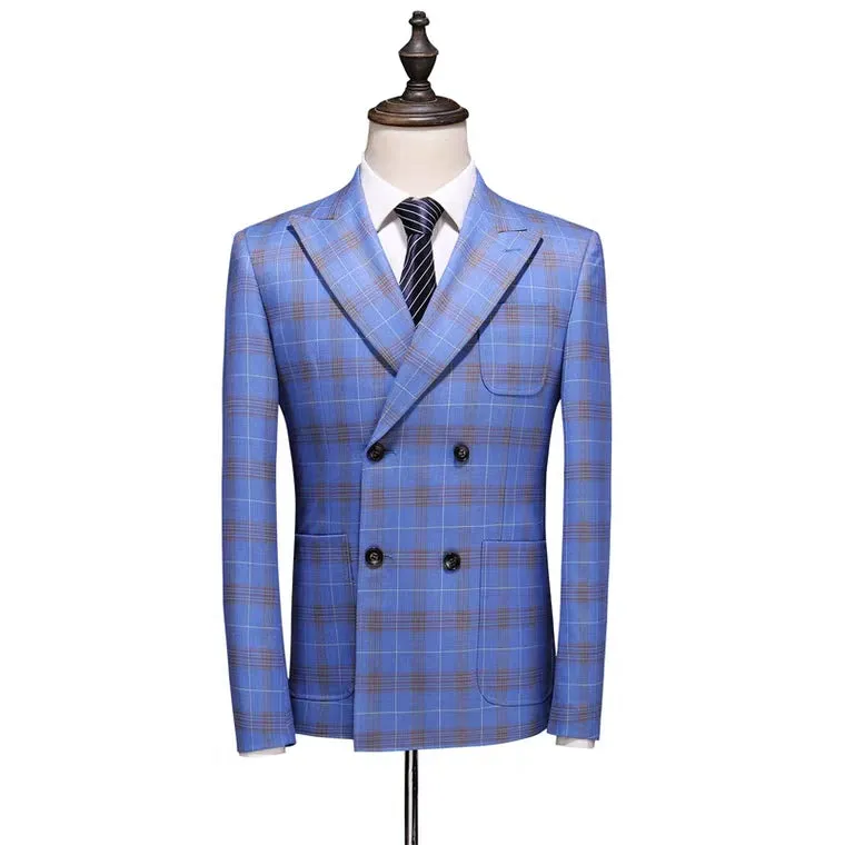 Gordon Groom Men's Sky Blue Checkered Suit Jacket, Vest and Pants (3 Piece)