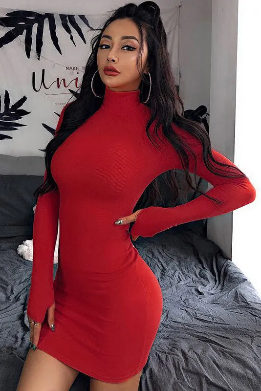 Green High Neck Long Sleeve Bodycon Dress