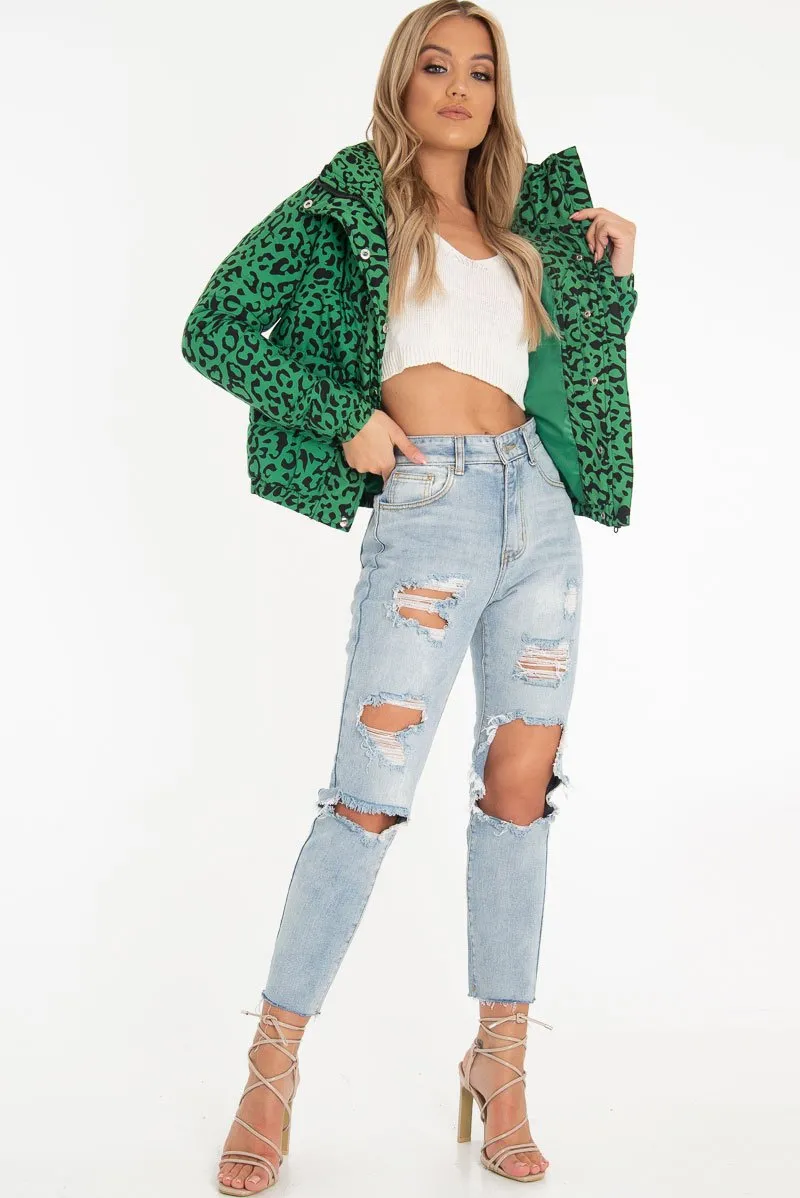 Green Leopard Print Zip Front Puffer Coat - Lidya