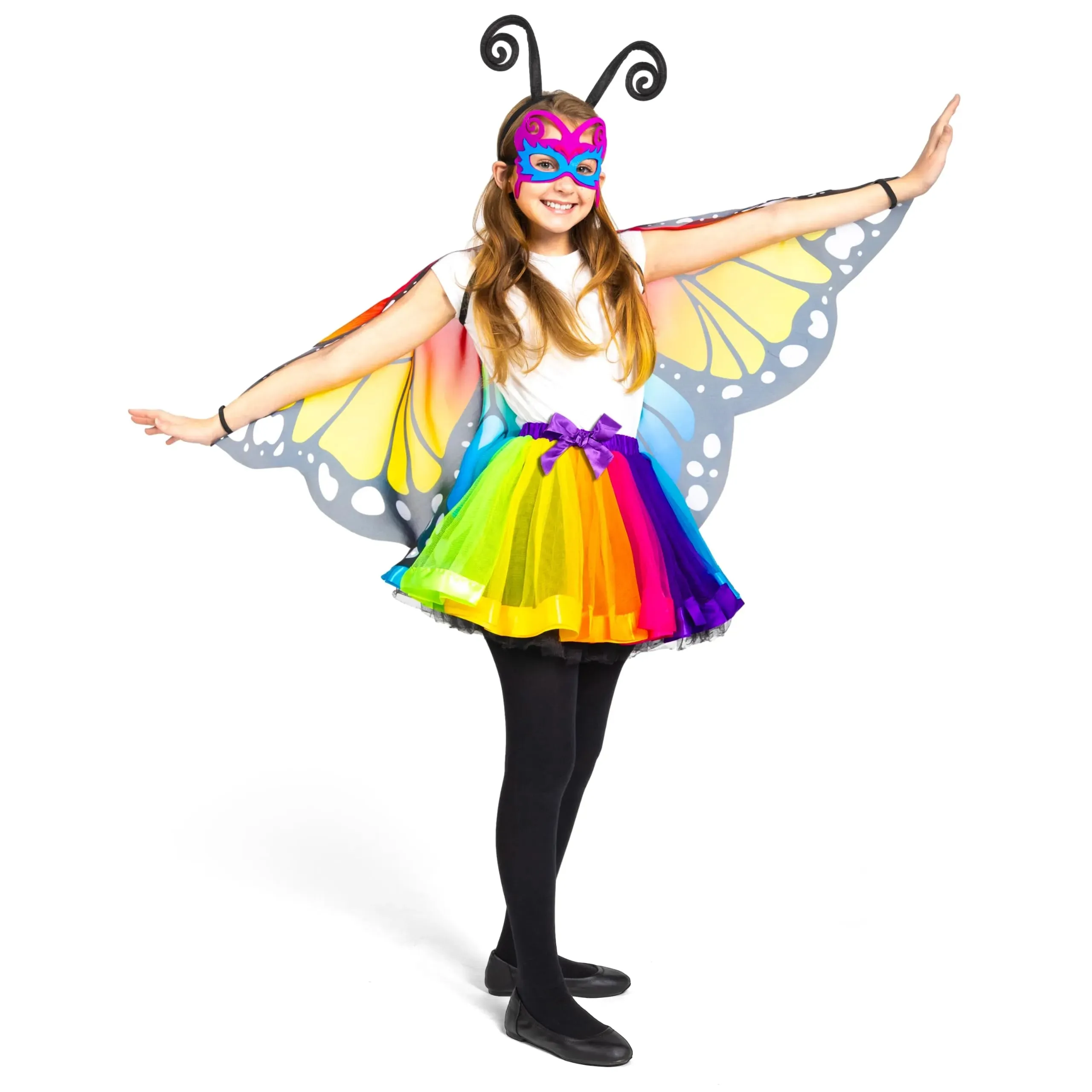 Halloween Rainbow Fairy-Butterfly Costume Set with Wings, Tutu, Headband, Eye Mask for Kids