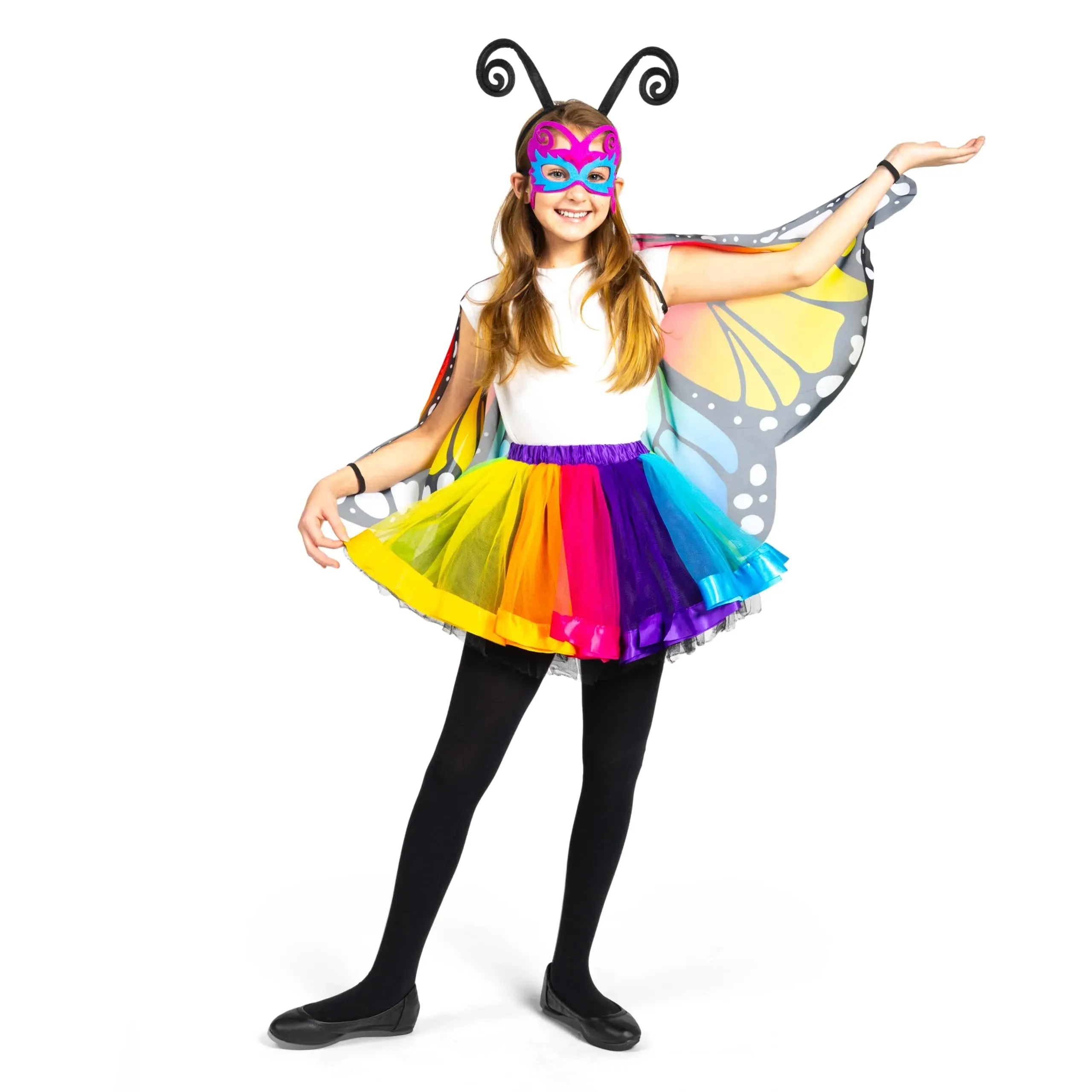 Halloween Rainbow Fairy-Butterfly Costume Set with Wings, Tutu, Headband, Eye Mask for Kids