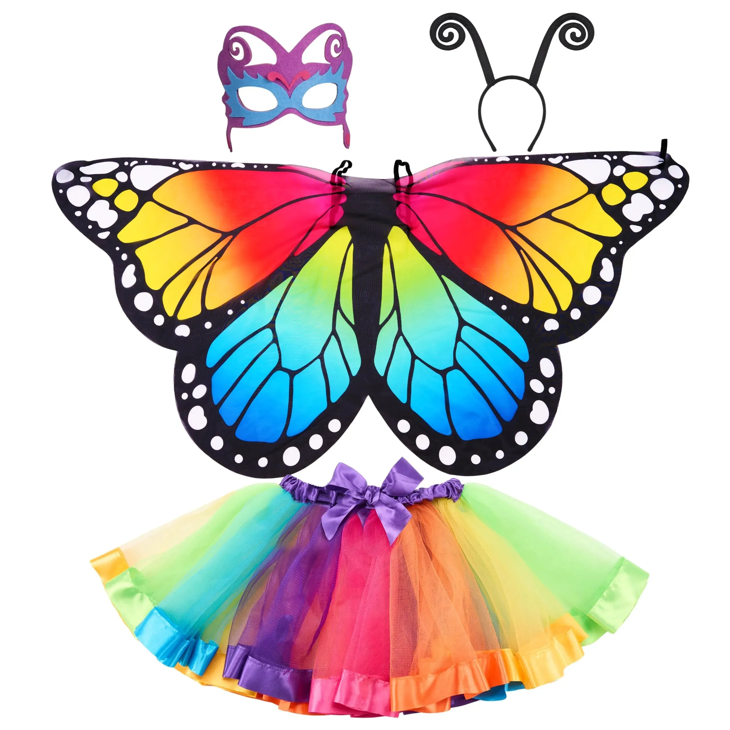 Halloween Rainbow Fairy-Butterfly Costume Set with Wings, Tutu, Headband, Eye Mask for Kids