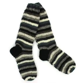 Hand Knitted Wool Long Socks - Stripe Greys